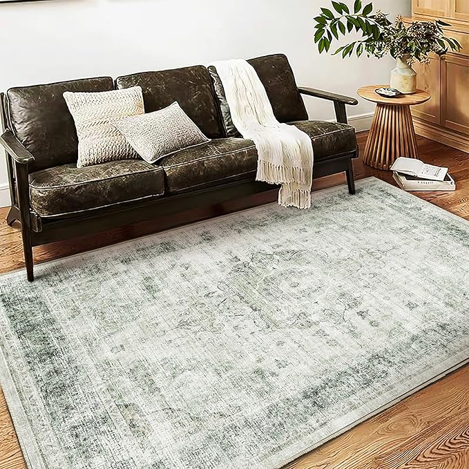 Area Rug 5'x7' Washable Rug Floral Green Vintage Traditional Floor Cover Thin - Image 3