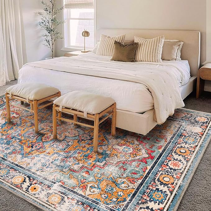 Washable Area Rug 8'x10' Boho Chic Medallion Distressed Design Non-Shedding - Image 3