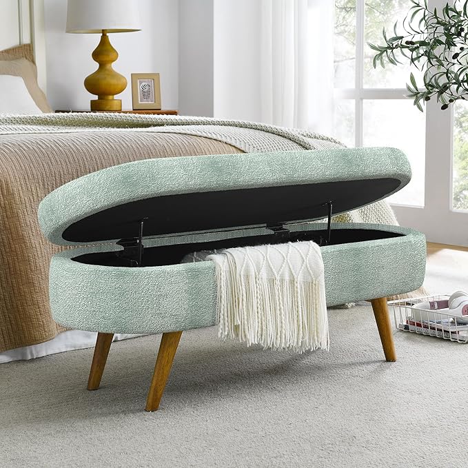 Oval Storage Bench 43.5" Linen Fabric Upholstered Entryway Bench by ECLYLFurniture