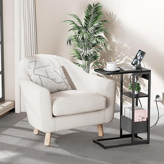 C Shaped End Table with Charging Station, Small Side Table - Image 2