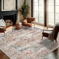 Washable Area Rug 10'x14' Light Cyan and Light red Retro Flowers Boho Design by CHAMPLANT