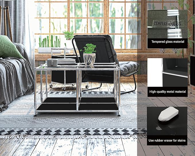 Matte Coffee Table with Open Storage, Square Tempered Glass Storage Rolling - Image 5