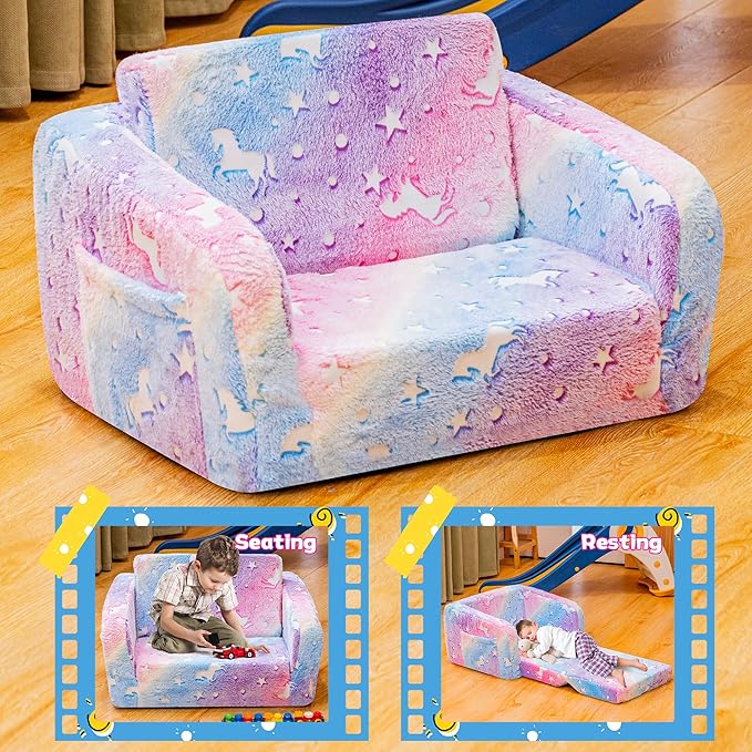 Lamerge 2-in-1 Soft Toddler Couch Fold Out, Foldable Toddler Chair, Glow in The - Image 8