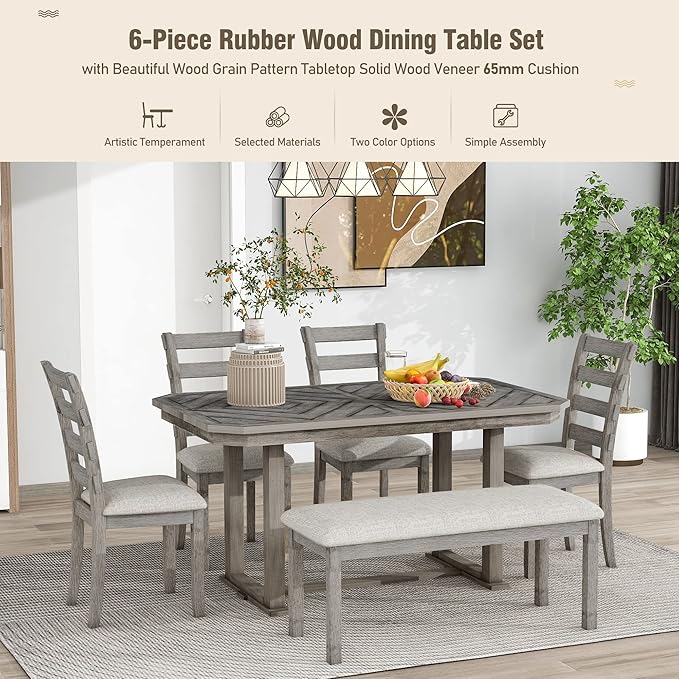 Merax 6-Piece Rubber Wood Dining Table Set - Image 6