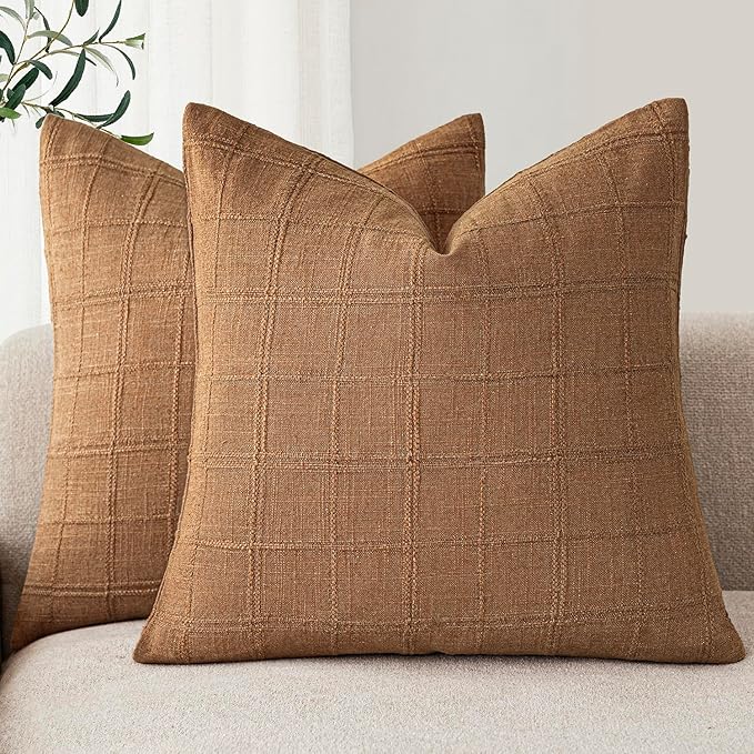 Foindtower Set of 2 Decorative Linen Check Throw Pillow Covers Neutral by Foindtower