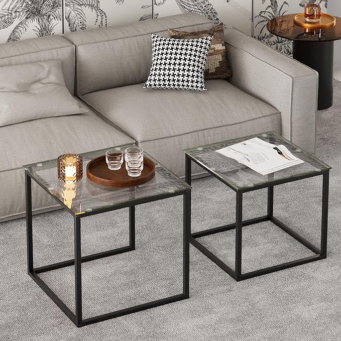 VILAWLENCE Coffee Table Set of 2, Modern Black Glass Side Table, Metal Frame - Image 7