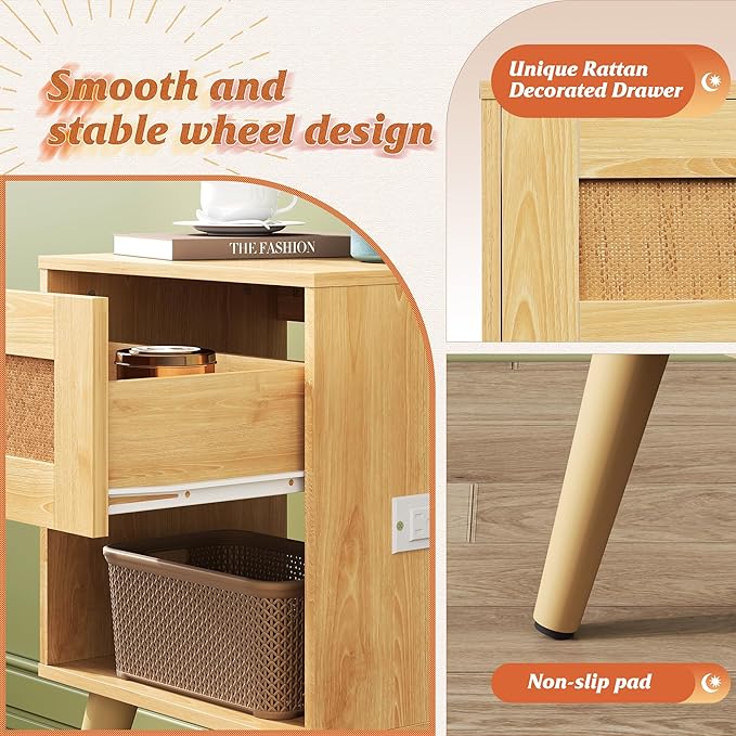 WLIVE Rattan Nightstand with Charging Station, Boho Night Stand, Small Bedroom - Image 6
