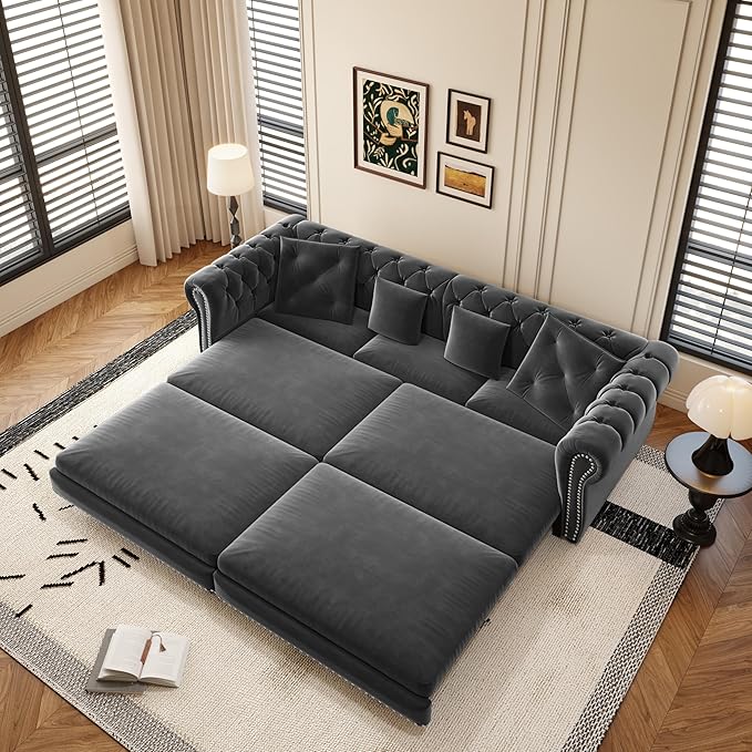 KEIKI 89" W 3-in-1 Pull-Out Convertible Chesterfield Sofa Bed, King Size Velvet - Image 6