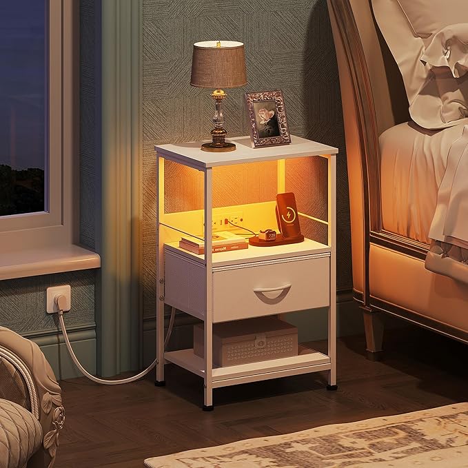 WLIVE White Night Stand with Charging Station, LED Nightstand with Adjustable - Image 2