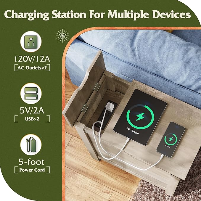 WLIVE Farmhouse End Table with Charging Station, Narrow Side Table - Image 5