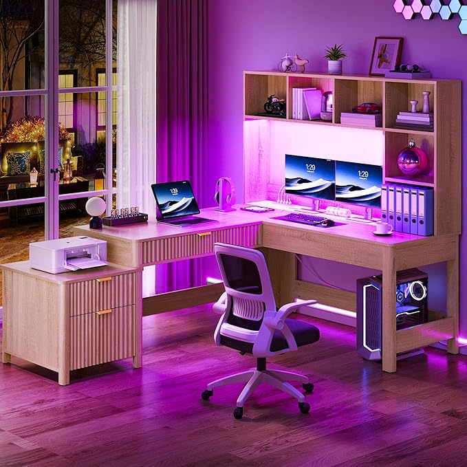 YITAHOME L Shaped Desk with Hutch and Drawers, Wood Home Office Desk with - Image 9