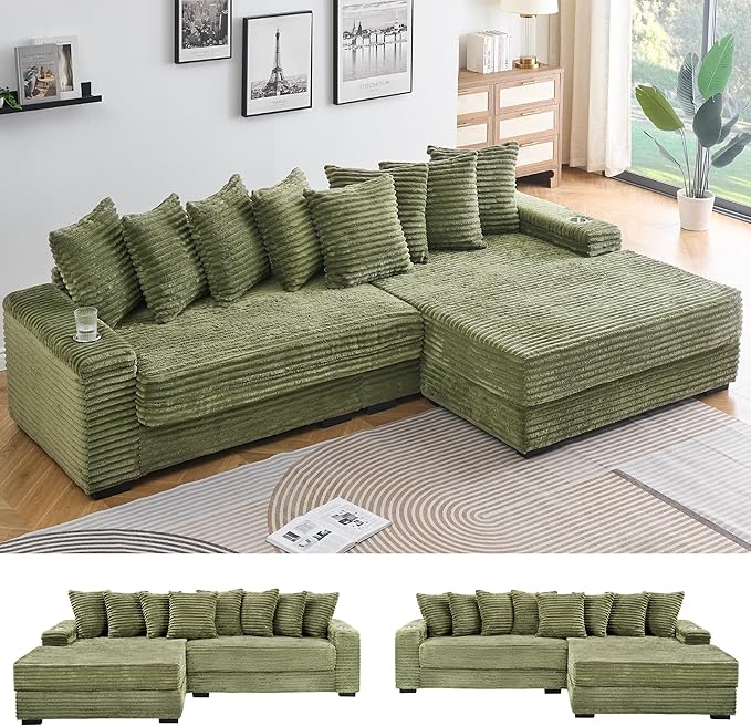 KEIKI 114" Corduroy Sofa with Cup Holders & Storage, L Shaped Sleeper Cloud by Unknown
