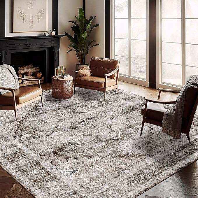 Washable Area Rug 8'x10' Deep Khaki Retro Boho Design Non-Shedding Non-Slip - Image 2