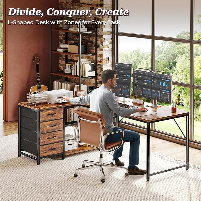 PRAISUN 53" L Shaped Desk with Power Outlets and USB-C Port, Reversible - Image 3