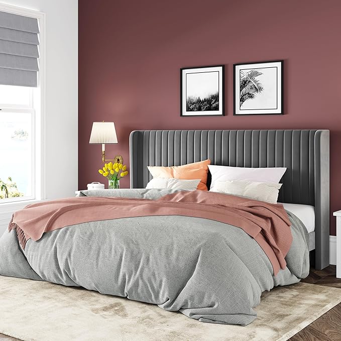 Allewie King Size Velvet Bed Frame/Vertical Channel Tufted Wingback by Allewie