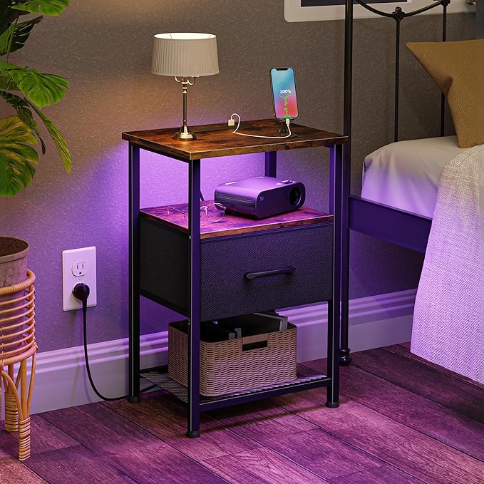Nightstands Set of 2 with Charging Station and Drawer, End Table Bedside Table - Image 7