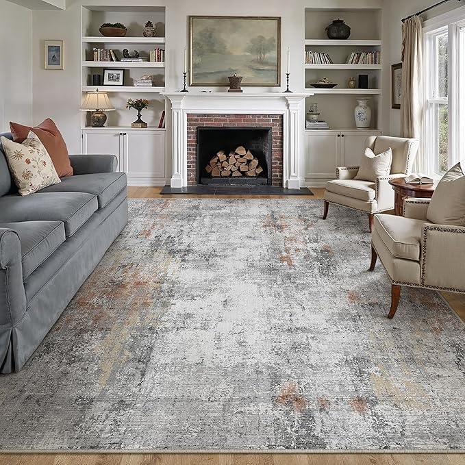 9x12 Washable Area Rug Grey Rust Modern Neutral Abstract Living Room Bedroom by WondRg