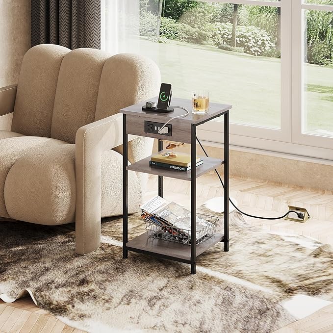 WLIVE End Table with Charging Station, Small Night Stand with 3 Storage Shelves - Image 2