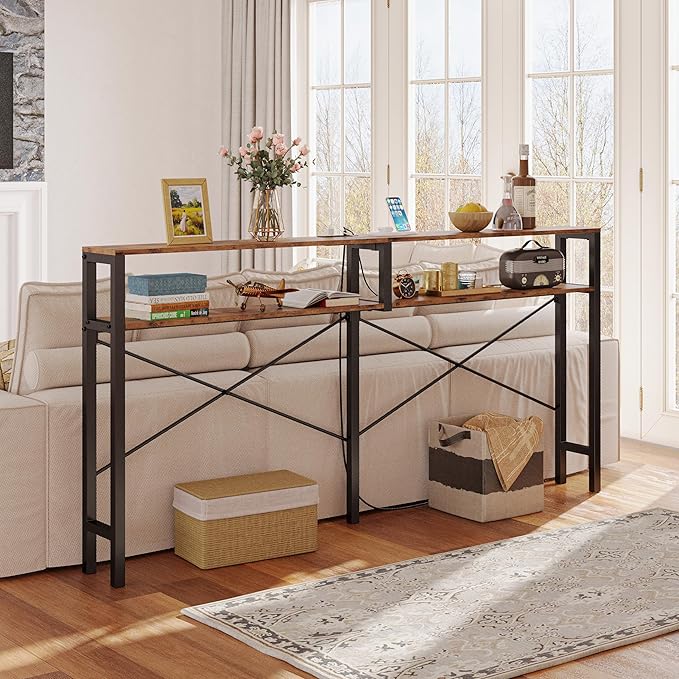 IRONCK Console Table with Power Outlet, Long Sofa Table with Shelves and - Image 8