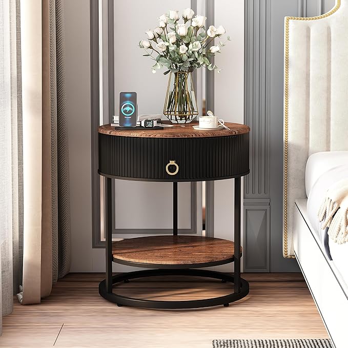OIOG Round End Table with Drawer, Modern Wood Grain Side Table with Shelf - Image 9