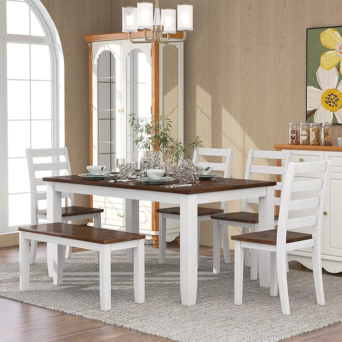 6 Pieces Dining Table Set with 1 Bench & 4 Ergonomic Designed Chairs, Wooden - Image 2