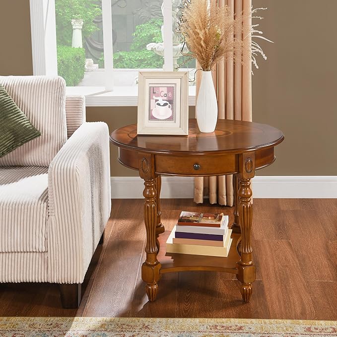 Solid Wood End Table with Drawer and Storage Shelf, Oval Sofa Side Table with - Image 5