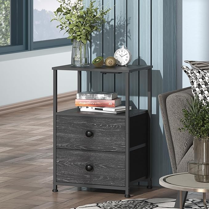 Tohomeor End Table with Charging Station, LED Light, Fabric Drawers, and USB - Image 4