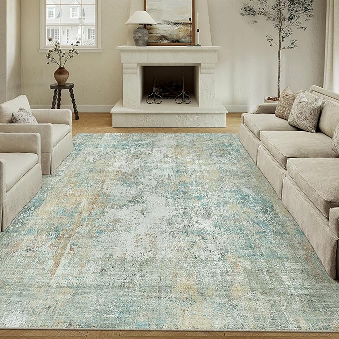 9x12 Area Rug Teal Beige Modern Neutral Abstract Living Room Bedroom Indoor - Image 3
