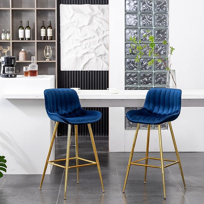 Sidanli Velvet Blue Bar Stools, 29 Inch Upholstered Island Stools by Sidanli