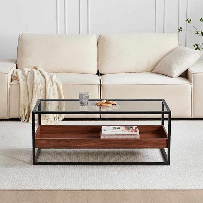 Shrine Glass Coffee Table, Glass and Wood Coffee Table, 39.2" D x 19.5" W x - Image 4