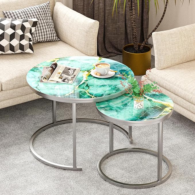 aboxoo Coffee Table Nesting Side Round Set of 2 End Table Green Art Table Top by aboxoo