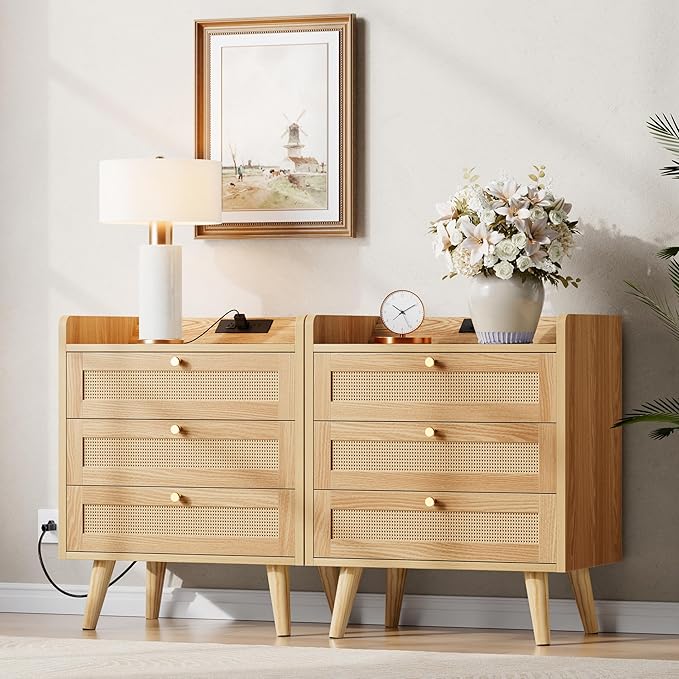 Rattan Nightstand with Charging Station, Night Stand with 3 Large Drawers - Image 5