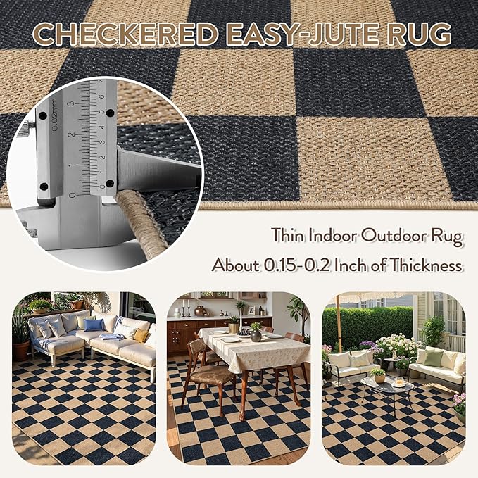 Lahome Checkered Easy Jute Carpet, Washable Area Rug 6x9 Neutral Outdoor Patio - Image 4