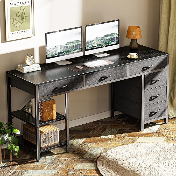 Huuger Computer Desk with 6 Drawers, 54 Inch Office Desk with Shelves, - Image 8
