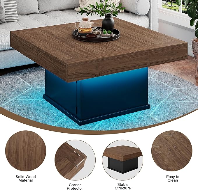 LED Coffee Tables for Living Room, Farmhouse Wood Coffee Table, 33.5" Square - Image 6
