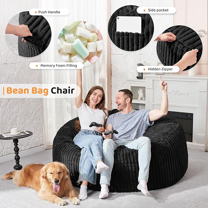 HABUTWAY 5FT Bean Bag Chair, Memory Foam Beanbag Chair - Image 3