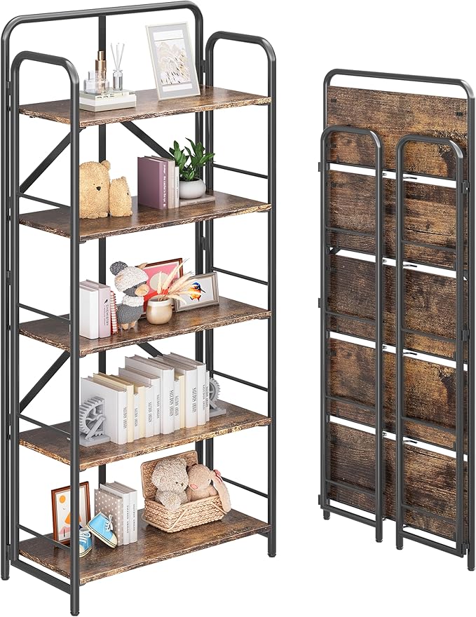 4NM No Assembly Folding Bookshelf 5 Tiers Vintage Industrial Black Book Shelf by 4NM