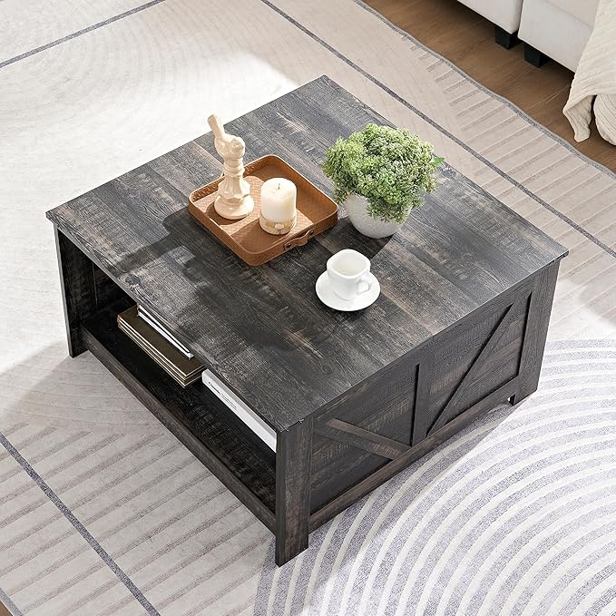 Farmhouse Coffee Table for Living Room, Wood Square Coffee Tables, 31.5" D x - Image 2