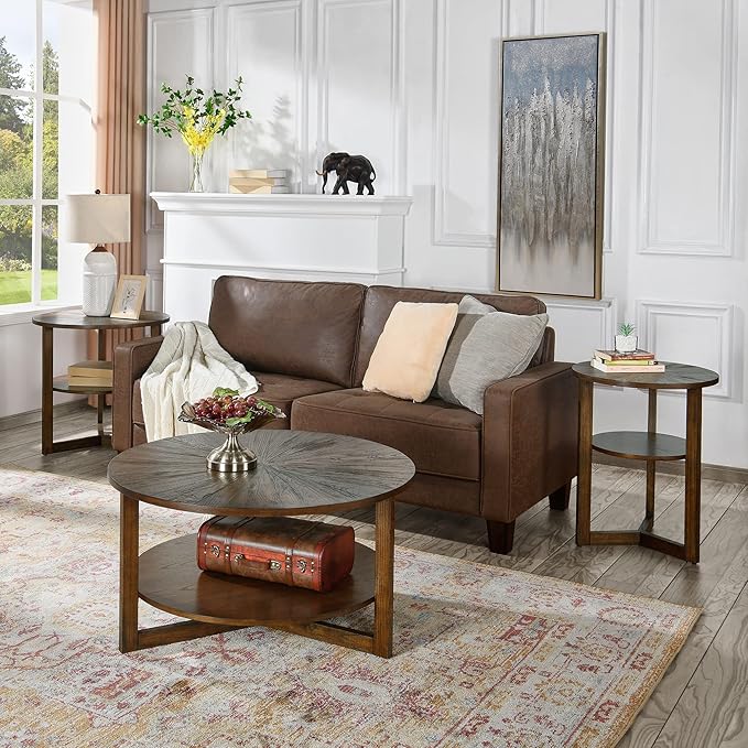 Large Round End Table with Storage Shelf, 25.2" Dia Rustic Beside Tables with - Image 3