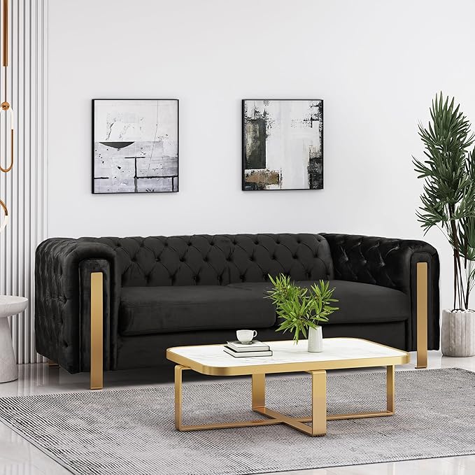 Merax Comfy 3-seat Sofa with Tufted Back and Arm and Gold Iron Legs, Modern - Image 7