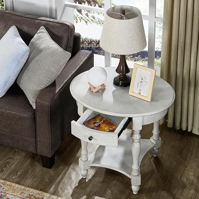 MODERION Oval End Table with Drawer, Solid Wood Sofa Side Storage Shelf - Image 2