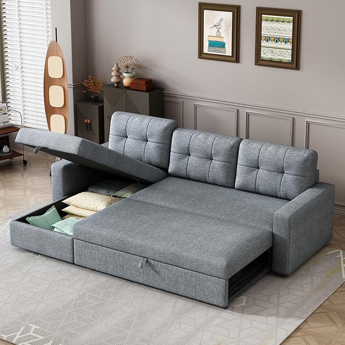 Ball & Cast L-Shape Reversible Sectional Sleeper Sofa Bed, Linen Upholstered 4 - Image 6
