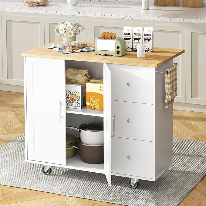 Shintenchi Kitchen Island with Folding Drop Leaf, Rolling Island Table with - Image 7