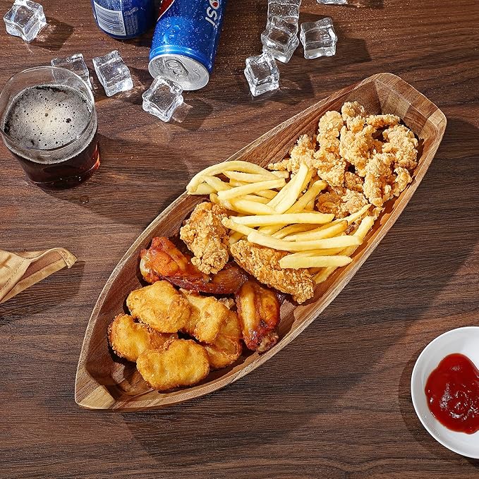 Lucky Boat Serving Tray, Acacia Solid Wood Boat Shape Plate - Image 4