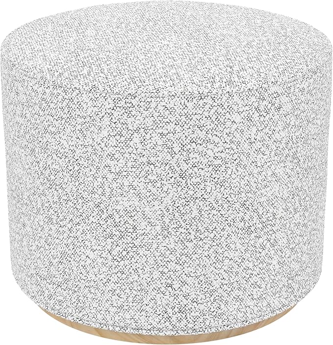Bouclé Ottoman with Wooden Base – 22” Round Upholstered Footrest, Cream Bouclé - Image 4