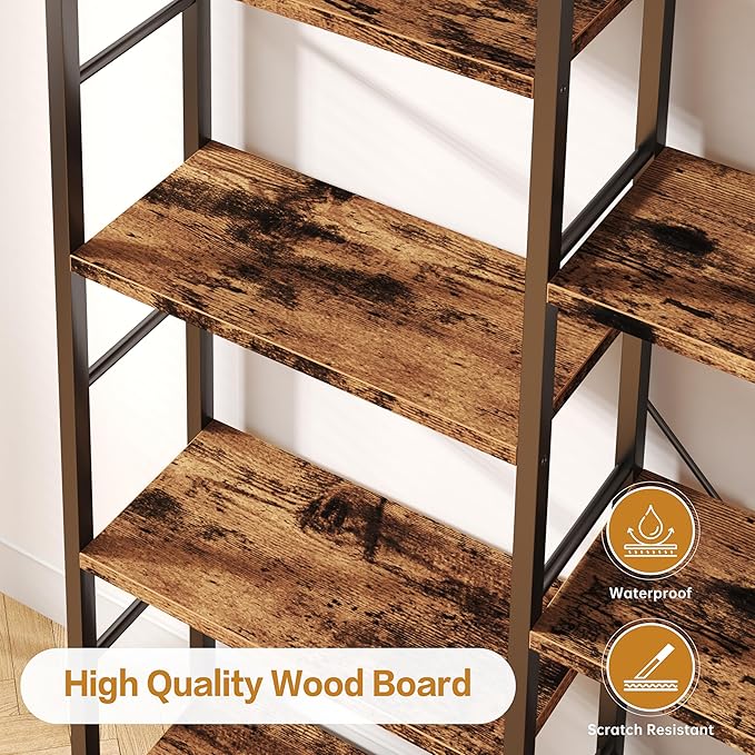 Shintenchi Triple Column 5 Tier Bookshelf, Industrial Large Bookcase Display - Image 3