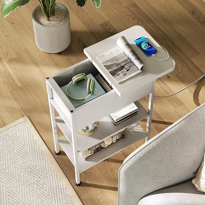 WLIVE End Table with Charging Station, Flip Top Side Table with Storage Shelf - Image 4