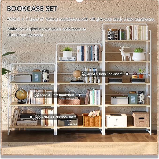 4NM No-Assembly 5 Tiers Folding Bookshelf Storage Shelves Vintage Bookcase - Image 5