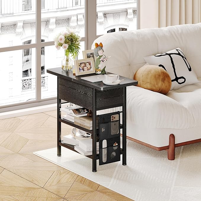 End Table with Charging Station, Flip Top Nightstand with USB Ports and Outlets - Image 2