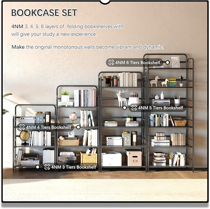 4NM No Assembly Folding Bookshelf 5 Tiers Vintage Industrial Black Book Shelf - Image 5